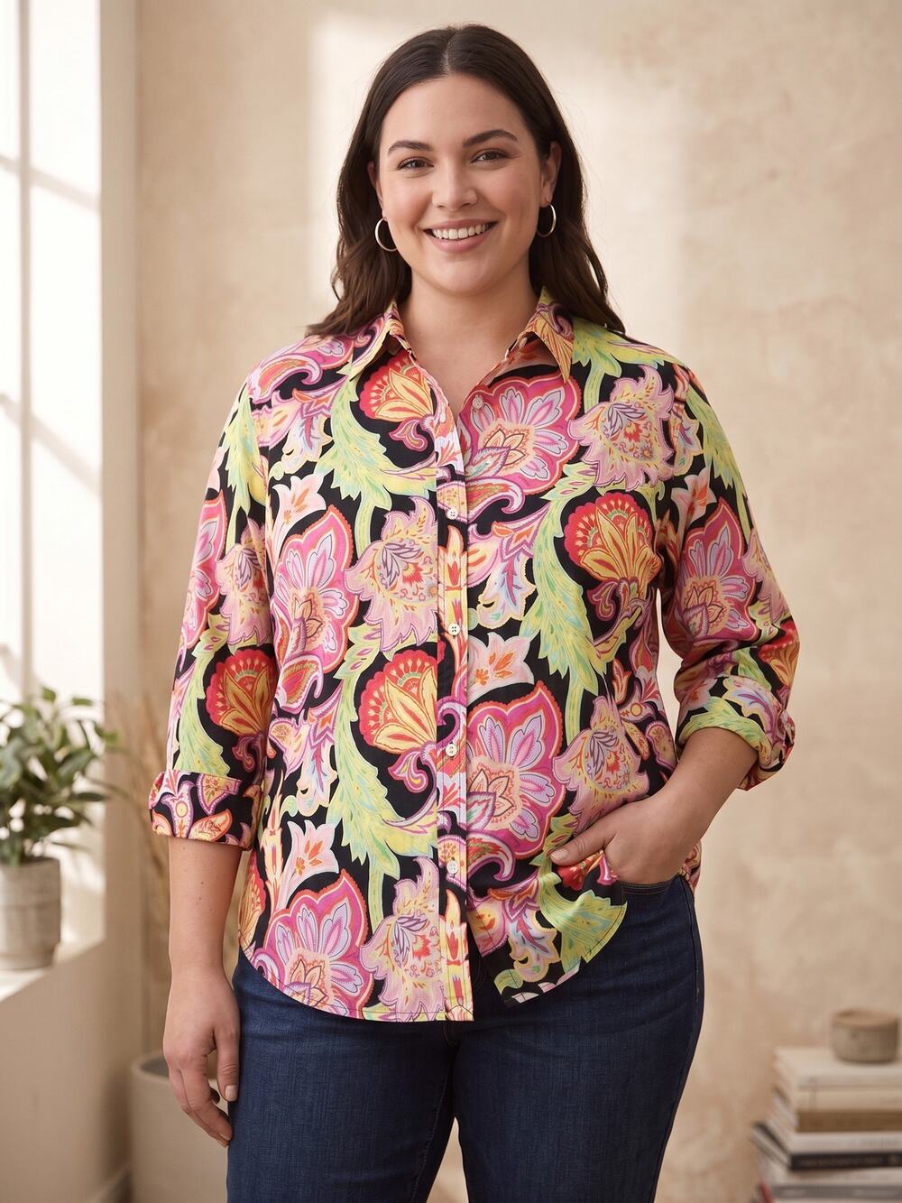 Lauren Ralph Lauren Pink Floral Paisley 100% Cotton 3/4 Sleeve Shirt Womens XL